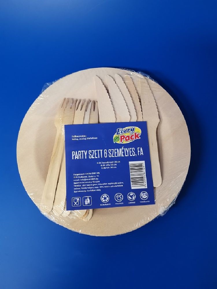 14699 6 személyes lapostányér kés villa  natúr fa party szett