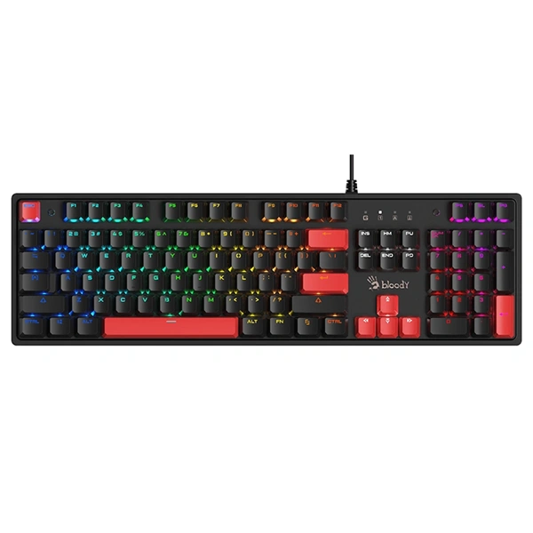 A4TECH Bloody S520N, RGB, BLMS Red Plus, 1000 Hz, Anti-ghosting, angol, gamer vezetékes billentyűzet
