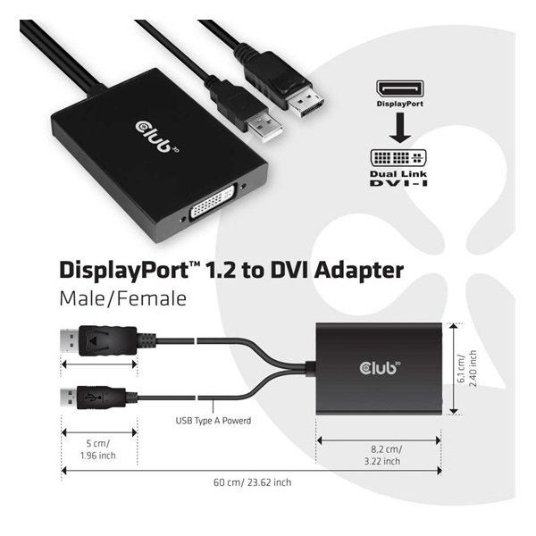 Club3D DISPLAYPORT TO DUAL LINK DVI-I DUAL LINK ACTIVE ADAPTER MAX RES 4K30HZ
