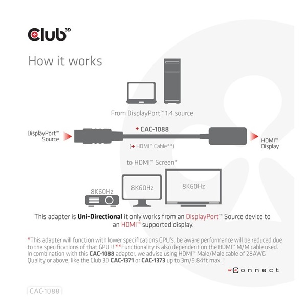 Club3D DisplayPort1.4 to HDMI 4K120Hz/8K60Hz HDR Active adapter M/F