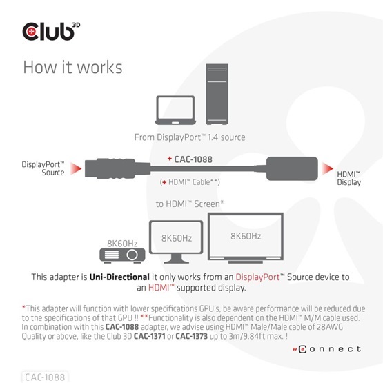 Club3D DisplayPort1.4 to HDMI 4K120Hz/8K60Hz HDR Active adapter M/F