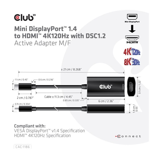 Club3D Mini DisplayPort 1.4 to HDMI 4K120Hz with DSC1.2 Active Adapter M/F