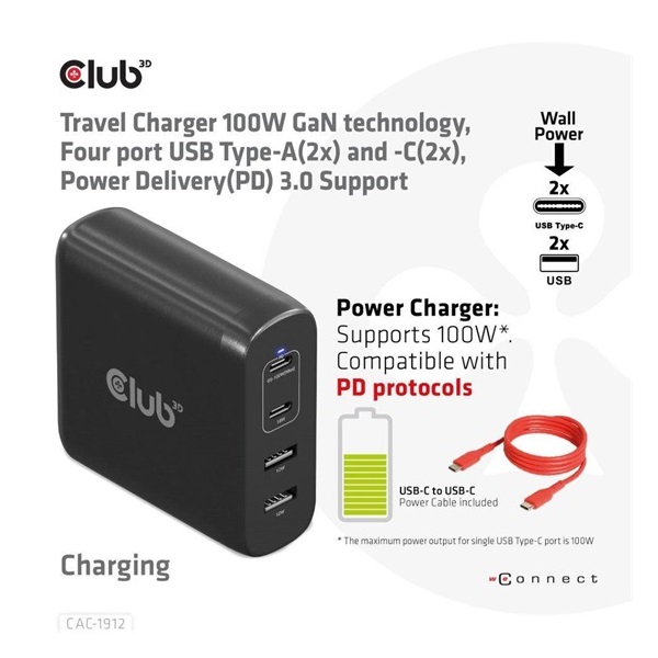 Club3D USB-C Power Adapter 100W EU -  Hálózati töltő