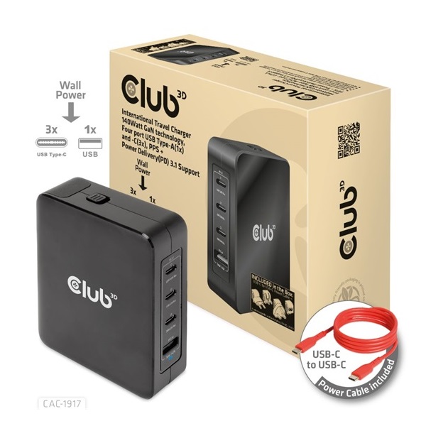 ADA Club3D USB-C Power Adapter 140W - Hálózati töltő