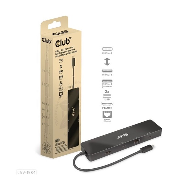 ADA Club3D USB3.2 Gen2 Type-C, 6-in-1 Dual Displays Portable Dock with USB Type-C Video 4K60Hz