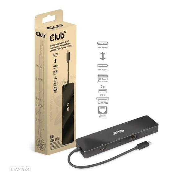 ADA Club3D USB3.2 Gen2 Type-C, 6-in-1 Dual Displays Portable Dock with USB Type-C Video 4K60Hz