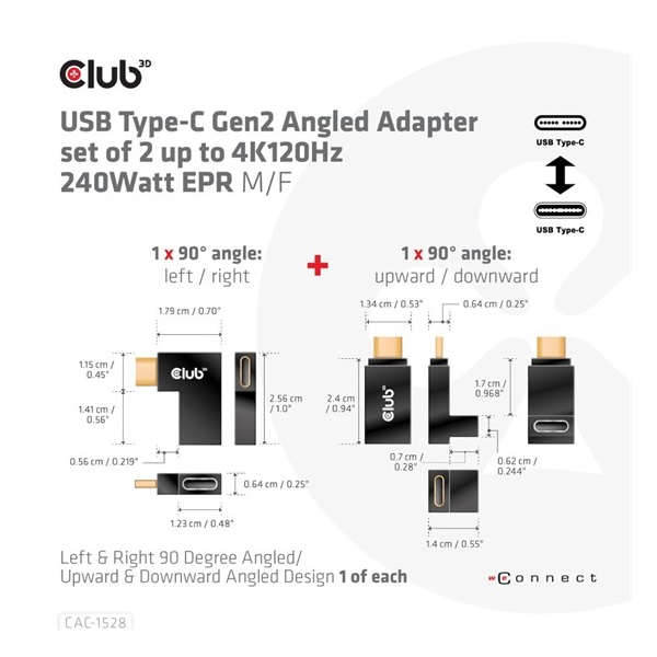 Club3D USB Type-C Gen2 Angled Adapter set of 2 up to 4K120Hz M/F