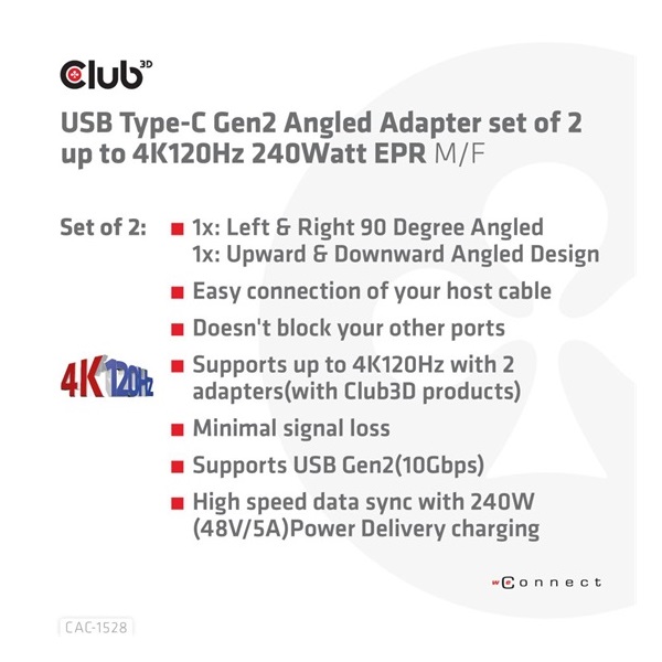 Club3D USB Type-C Gen2 Angled Adapter set of 2 up to 4K120Hz M/F