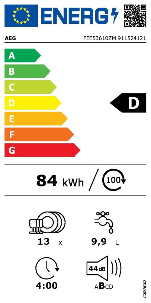 AEG FEE53610ZM programok száma: 8, beépíthető, 13 terítékes mosogatógép 