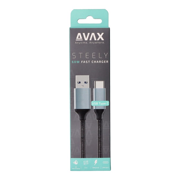 Avax CB301G Steely 1,5m 3A USB A-Type-C gyorstöltő sodorszálas acélszürke adat- és töltőkábel