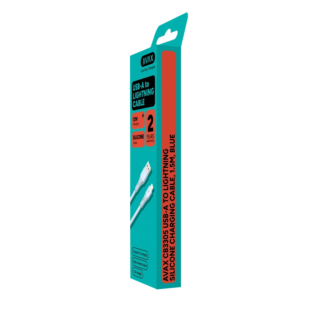 AVAX CB3305 USB-A – Lightning szilikon töltőkábel, 1.5 m, világoskék