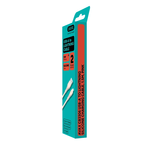 AVAX CB3306 USB-A – Lightning szilikon töltőkábel, 1.5 m, rózsaszín