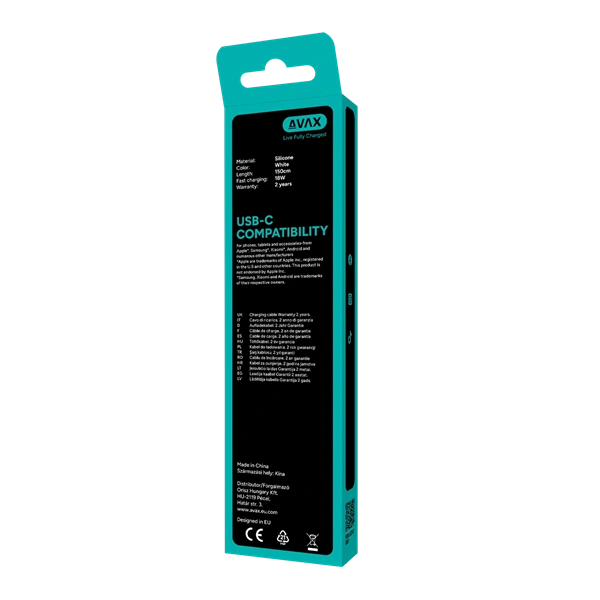 AVAX CB3310 27W USB-C – Lightning gyorstöltő szilikon kábel, 1.5 m, fehér