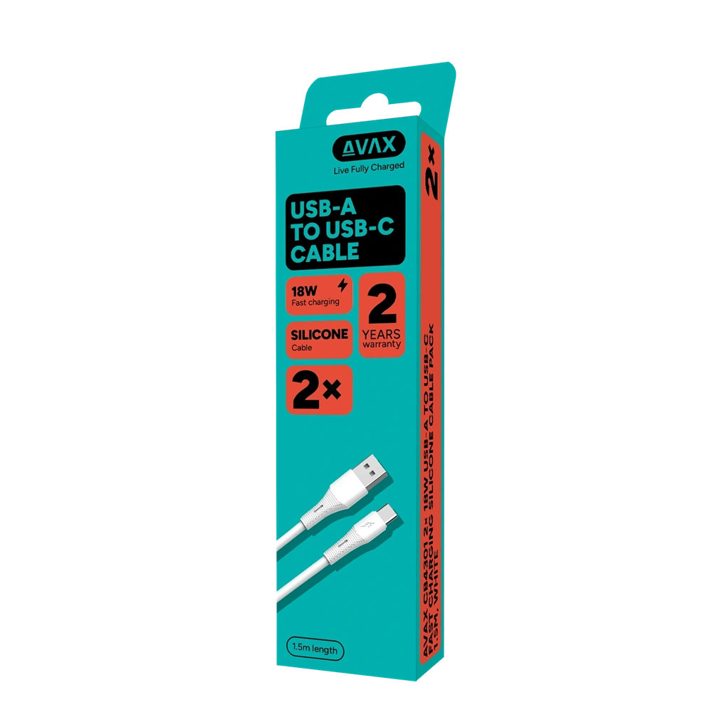 AVAX CB4301 2x 18W USB-A – USB-C gyorstöltő szilikon kábel csomag, 1.5 m, fehér