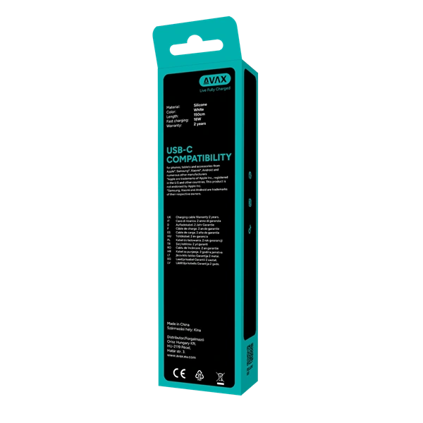 AVAX CB4301 2x 18W USB-A – USB-C gyorstöltő szilikon kábel csomag, 1.5 m, fehér