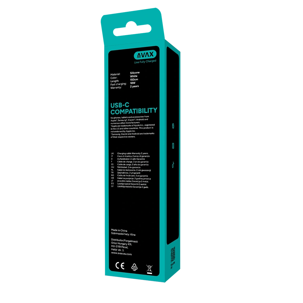AVAX CB4305 3x 18W USB-A – USB-C gyorstöltő szilikon kábel csomag, 1.5 m, fehér