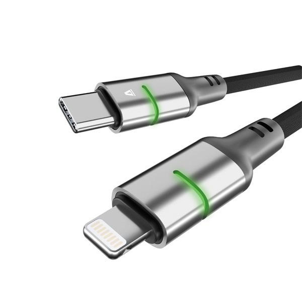 AVAX CB636 STEELY LED 2m 27W USB-C - Lightning fekete fonott gyorstöltő kábel