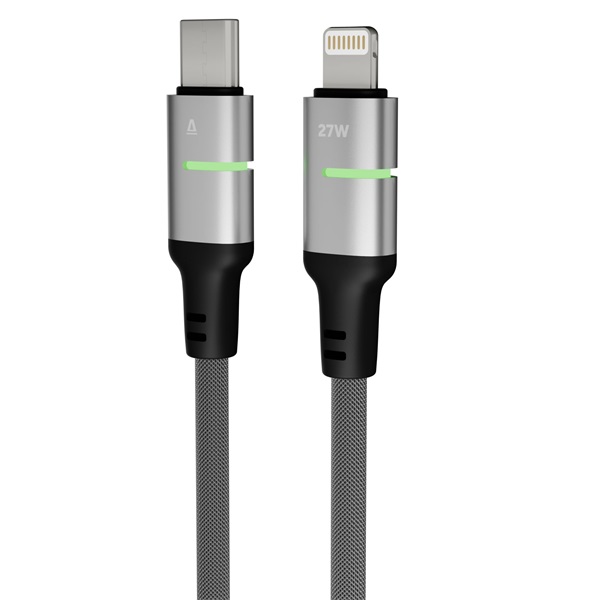AVAX CB636 STEELY LED 2m 27W USB-C - Lightning fekete fonott gyorstöltő kábel