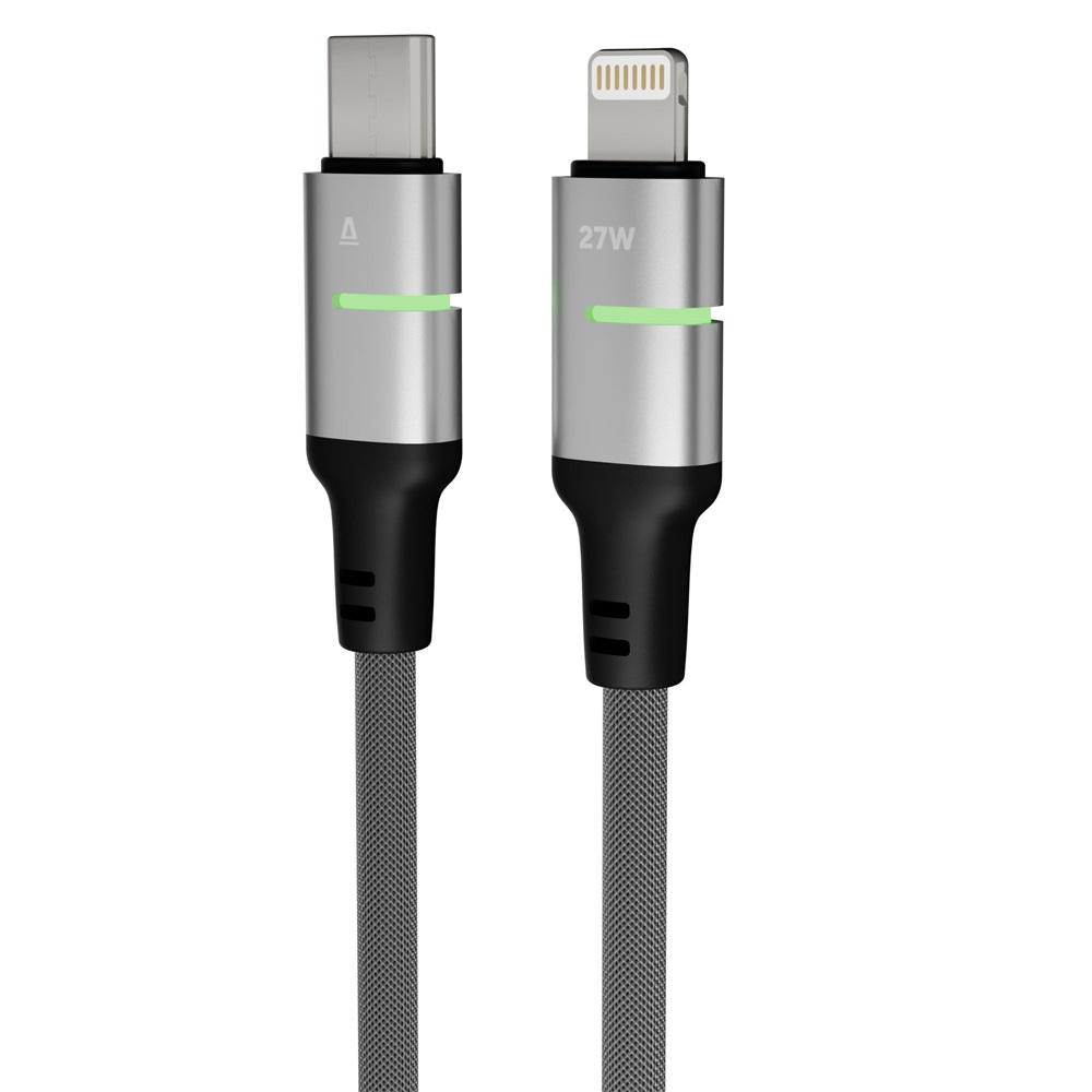 AVAX CB636 STEELY LED 2m 27W USB-C - Lightning fekete fonott gyorstöltő kábel