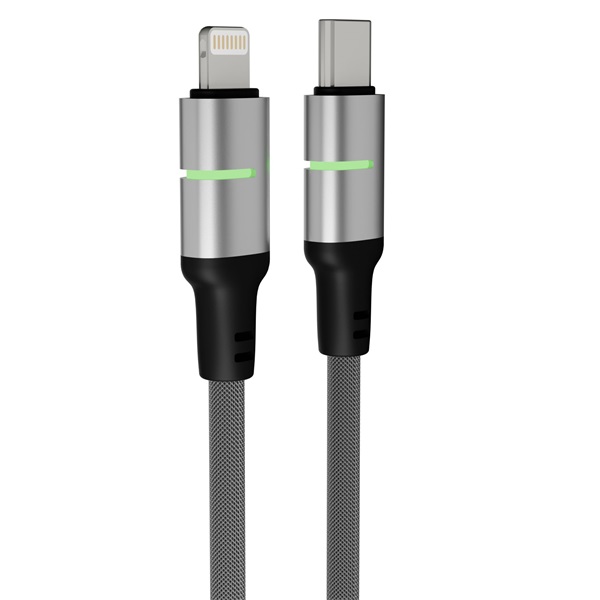 AVAX CB636 STEELY LED 2m 27W USB-C - Lightning fekete fonott gyorstöltő kábel
