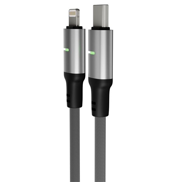 AVAX CB636 STEELY LED 2m 27W USB-C - Lightning fekete fonott gyorstöltő kábel