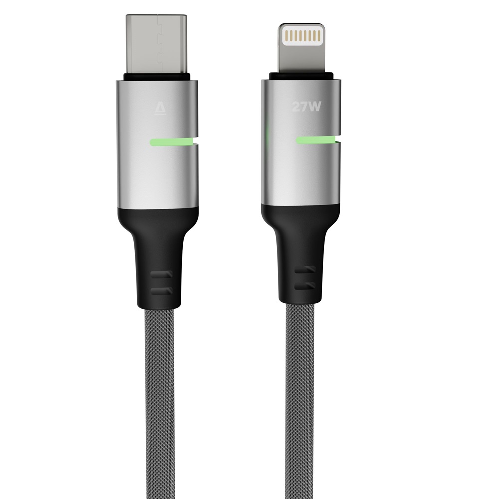 AVAX CB636 STEELY LED 2m 27W USB-C - Lightning fekete fonott gyorstöltő kábel
