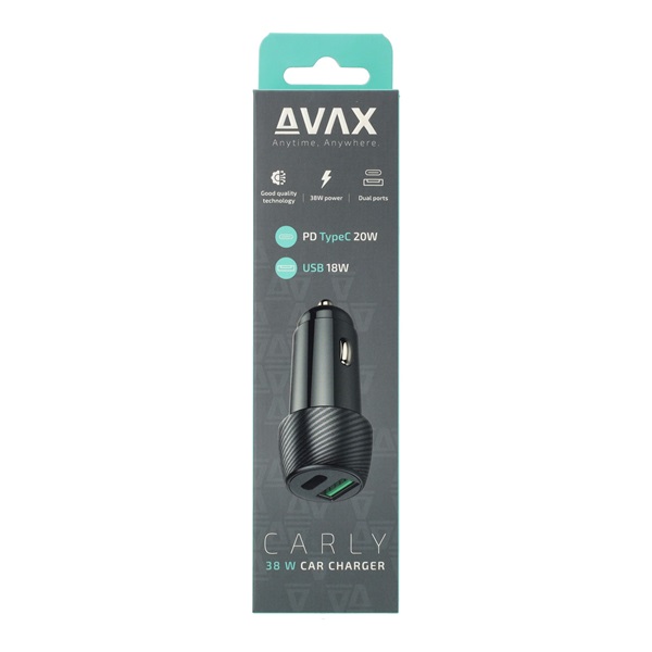 AVAX CC303B CARLY 38W Autós töltő USB A (QC)+Type C (PD), fekete