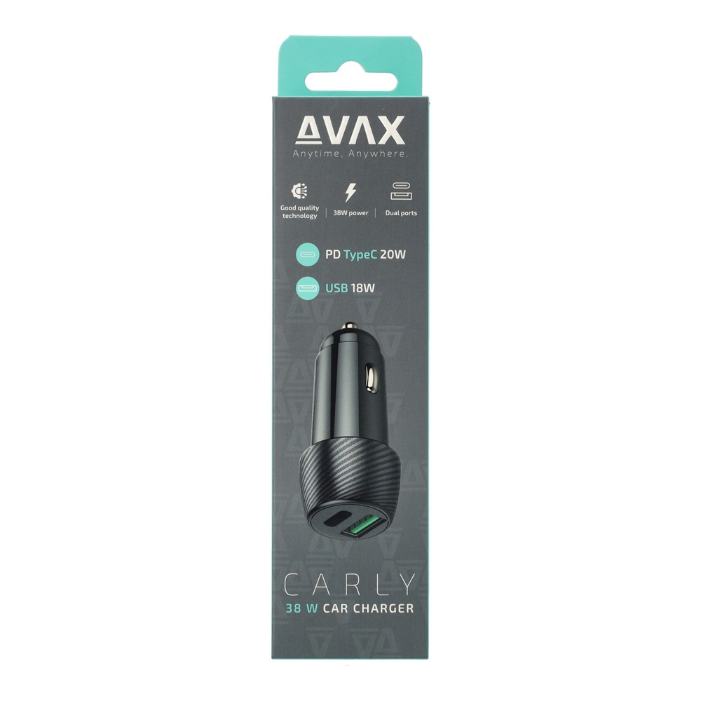 AVAX CC303B CARLY 38W Autós töltő USB A (QC)+Type C (PD), fekete