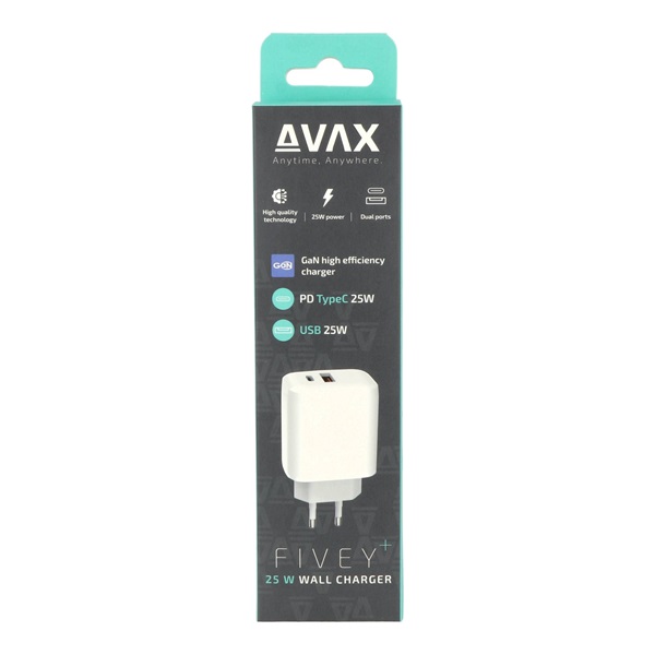 AVAX CH631W FIVEY+ 25W GaN USB A (QC)+Type C (PD) fehér hálózati gyorstöltő