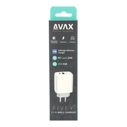 AVAX CH631W FIVEY+ 25W GaN USB A (QC)+Type C (PD) fehér hálózati gyorstöltő