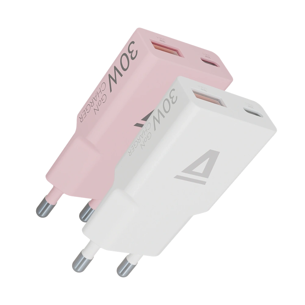 AVAX CH6412 30W GaN USB-C és USB-A gyorstöltő Duo csomag, fehér+rózsaszín