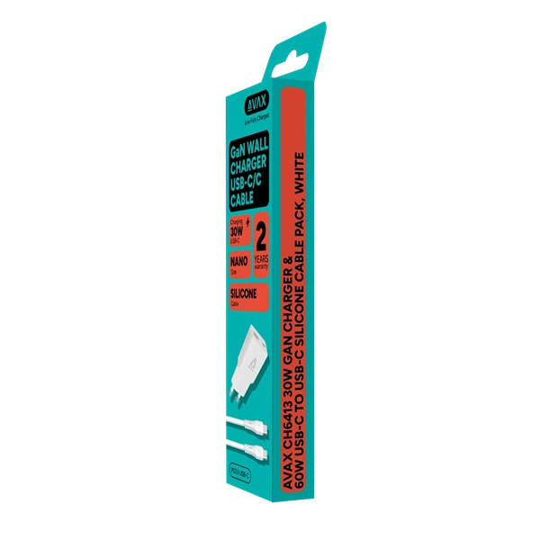 AVAX CH6413 30W GaN töltő és 60W USB-C szilikon kábel csomag, fehér