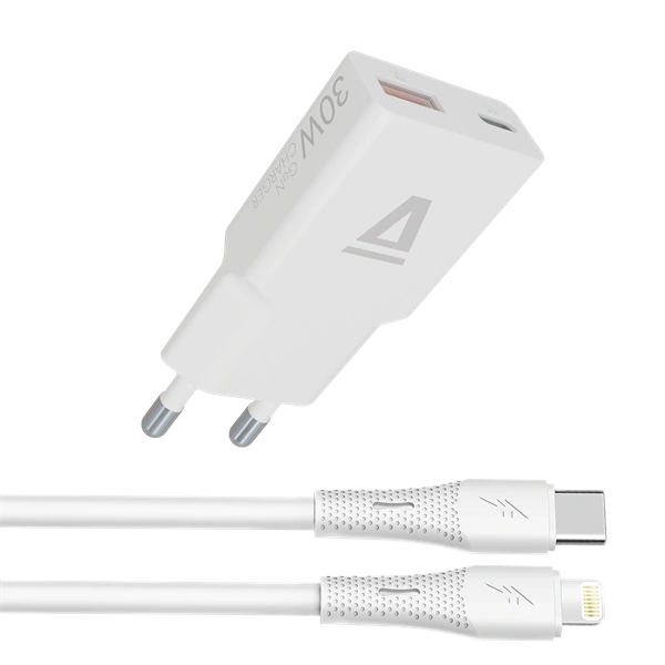 AVAX CH6414 30W GaN töltő és USB-C–Lightning szilikon kábel, fehér