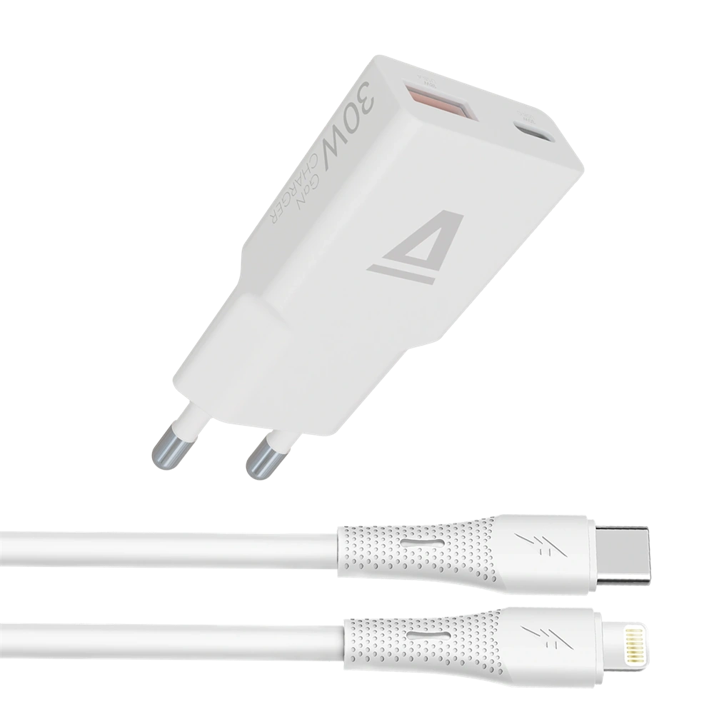 AVAX CH6414 30W GaN töltő és USB-C–Lightning szilikon kábel, fehér