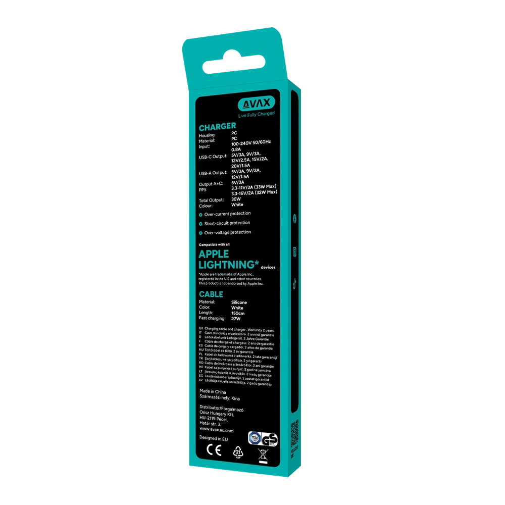 AVAX CH6414 30W GaN töltő és USB-C–Lightning szilikon kábel, fehér