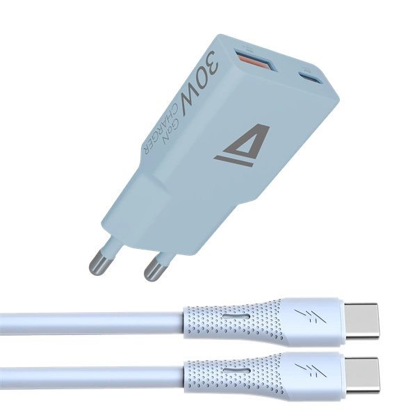 AVAX CH6415 30W GaN töltő és 60W USB-C szilikon kábel csomag, világoskék