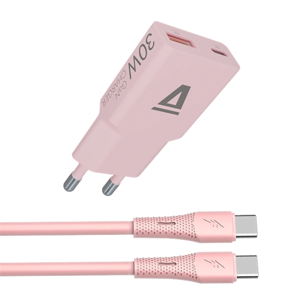AVAX CH6417 30W GaN töltő és 60W USB-C szilikon kábel csomag, rózsaszín