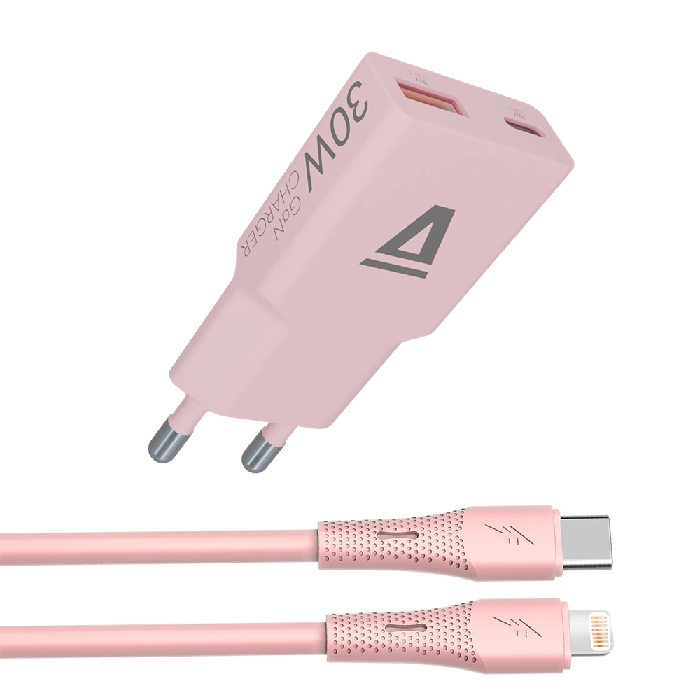 AVAX CH6418 30W GaN töltő és USB-C–Lightning szilikon kábel, rózsaszín