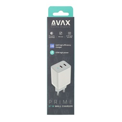 AVAX CH901W PRIME 67W GaN gyors hálózati töltő 2x Type C (PD), fehér