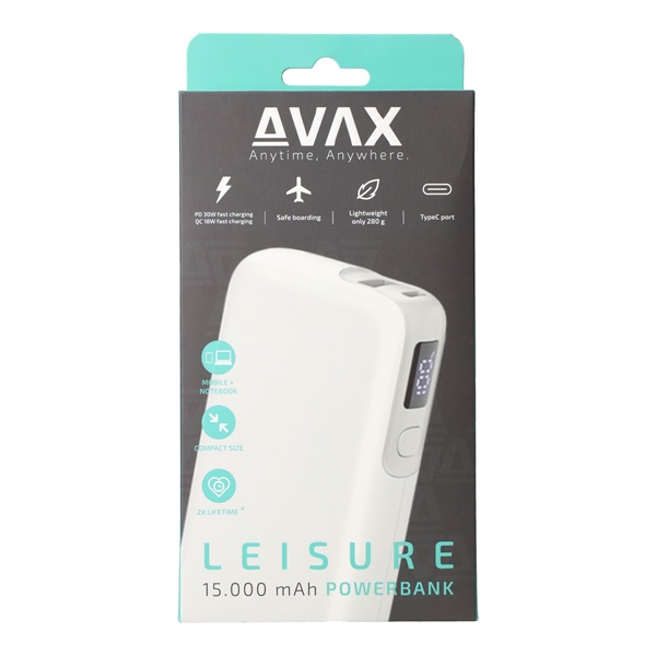 AVAX PB106W LEISURE 15000mAh Type C/PD 30W+QC 18W gyorstöltő fehér power bank