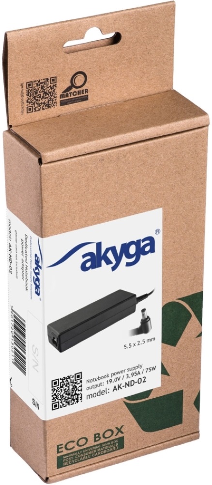 Akyga AK-ND-02 19V/3,95A/75W 5,5x2,5mm Asus / Toshiba / HP / Compaq / Lenovo notebook hálózati töltő