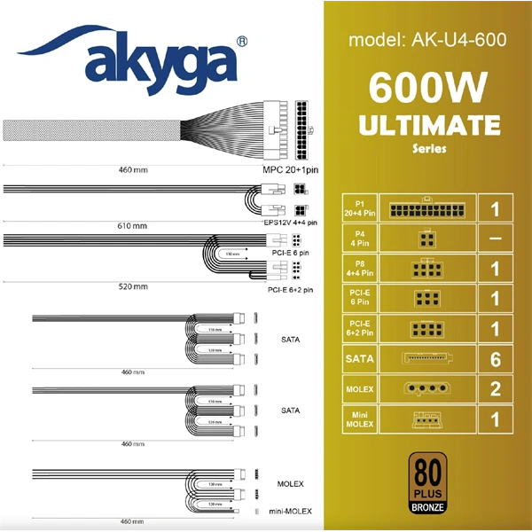 Akyga Ak-U4-600 600W 80+ Bronze ATX tápegység