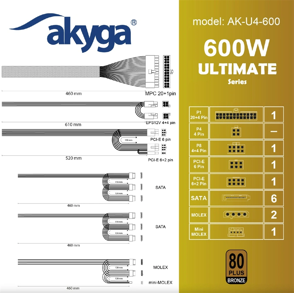 Akyga Ak-U4-600 600W 80+ Bronze ATX tápegység