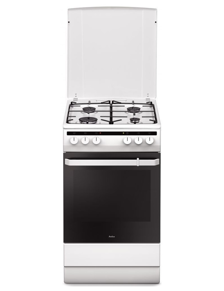 Amica 55343 fehér, szabadonálló, gáz, kombinált, főzőzóna: 4, sütő:62L, grill, tűzhely