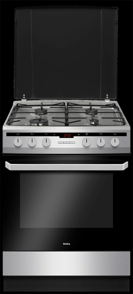 Amica 55701 inox, szabadonálló, gáz, kombinált, főzőzóna: 4, sütő:62L, grill, tűzhely