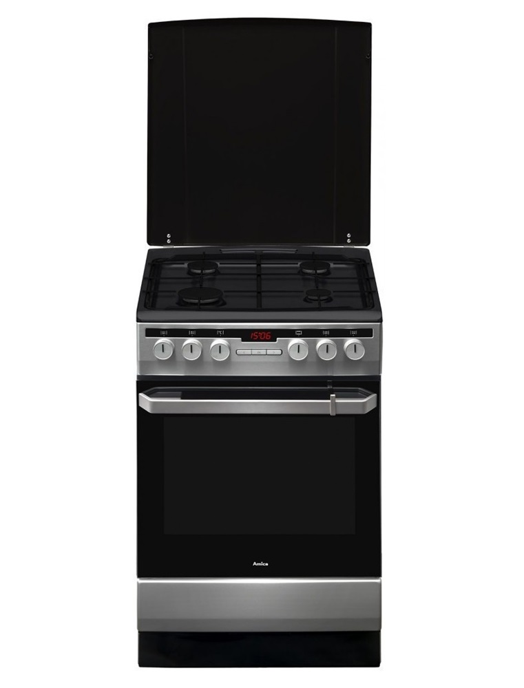 Amica 56013 inox, szabadonálló, gáz, kombinált, főzőzóna: 4, sütő:65L, grill, tűzhely