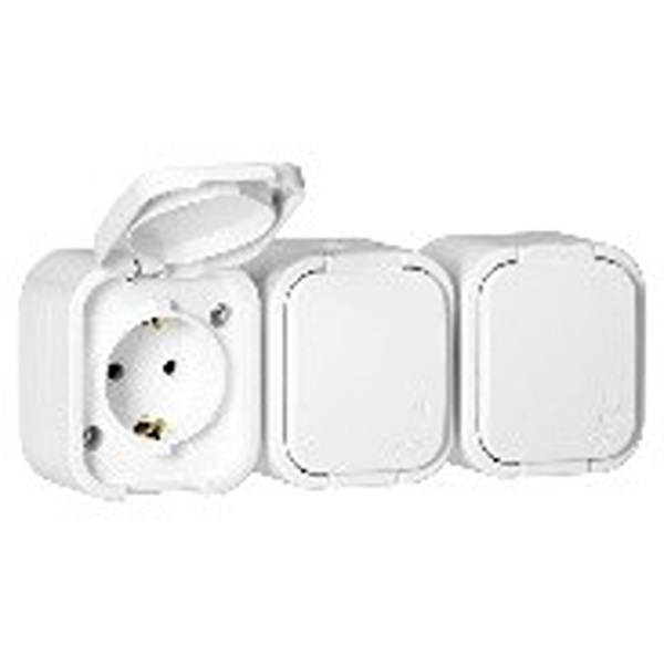 Anco Hydra+ csapófedéllel , IP54, fehér falonkivüli kültéri 3-es földelt dugaszolóaljzat