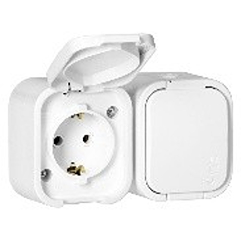 Anco Hydra+ csapófedéllel , IP54, vízszintes,fehér falonkivüli kültéri 2-es földelt dugaszolóaljzat