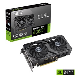 Asus nVidia DUAL-RTX4060TI-O16G (16384MB, GDDR6, 2625/18000 Mhz, 128bit, HDMI2.1, 3xDP1.4) videokártya
