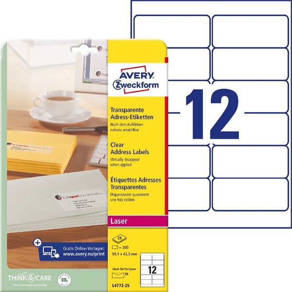 Avery L4772-25 99,1 x 42,3 mm 300 db-os átlátszó címzés etikett